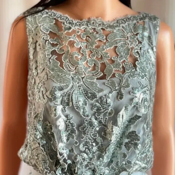 NWT Tadashi Shoji Ice Green Sequin Lace Dress Cocktail Dress Ribbon‎ Belt Size 6 - Picture 6 of 12
